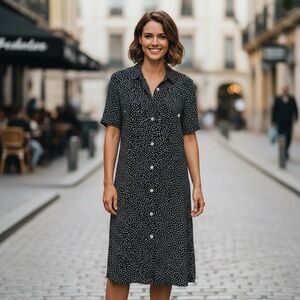 Bogner Women's Short Sleeve Button Down Dress Size 14 Navy White Print Pockets